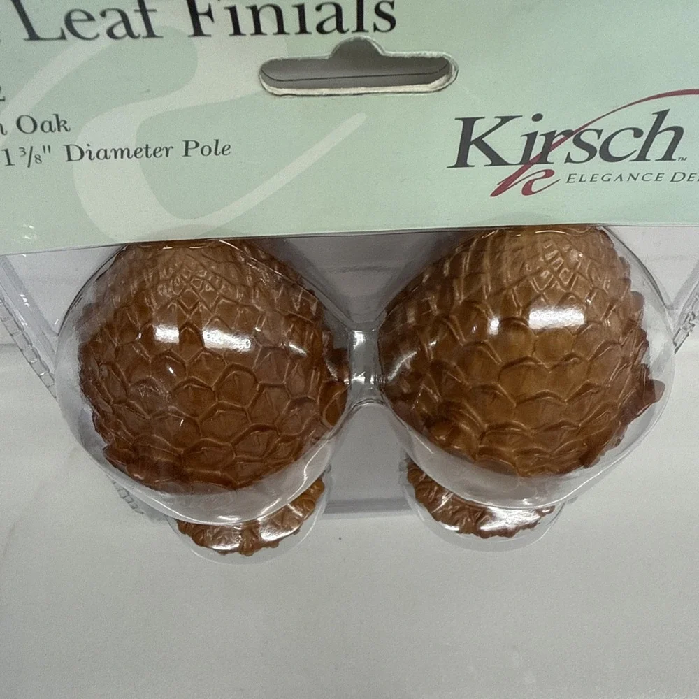 Vintage Pair of Kirsch (Warm Oak) Oak Leaf Finials Fits 1 3/8 Diameter Pole NOS